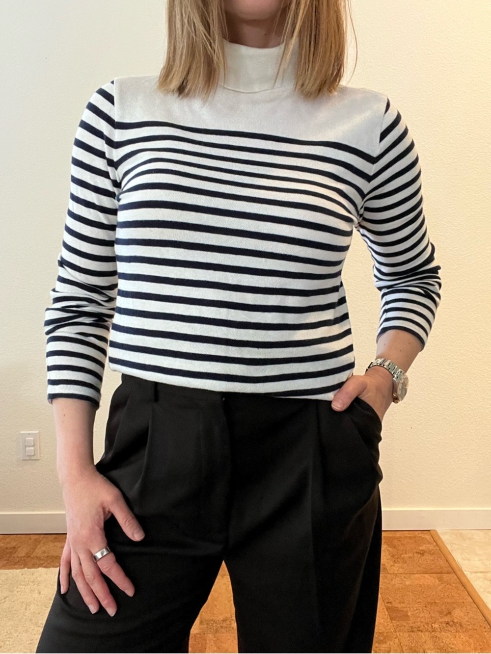 J. Crew White and Black Striped Turtleneck Long Sleeve Top